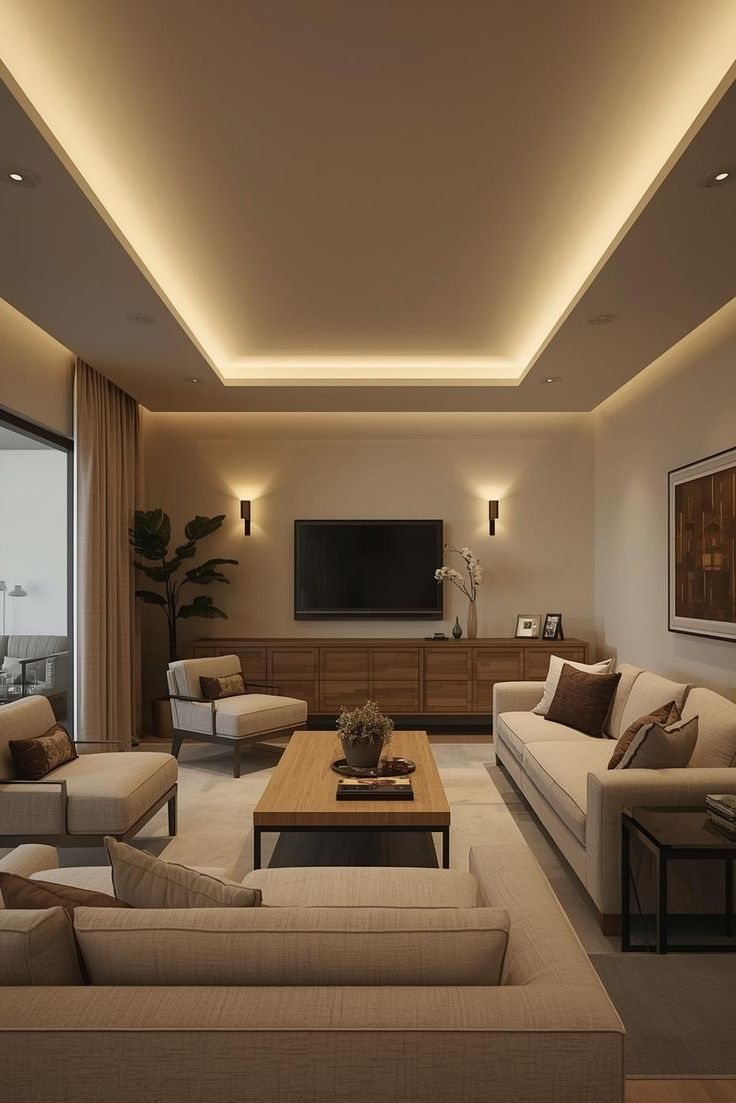 Modern living room interior with cove ceiling lighting